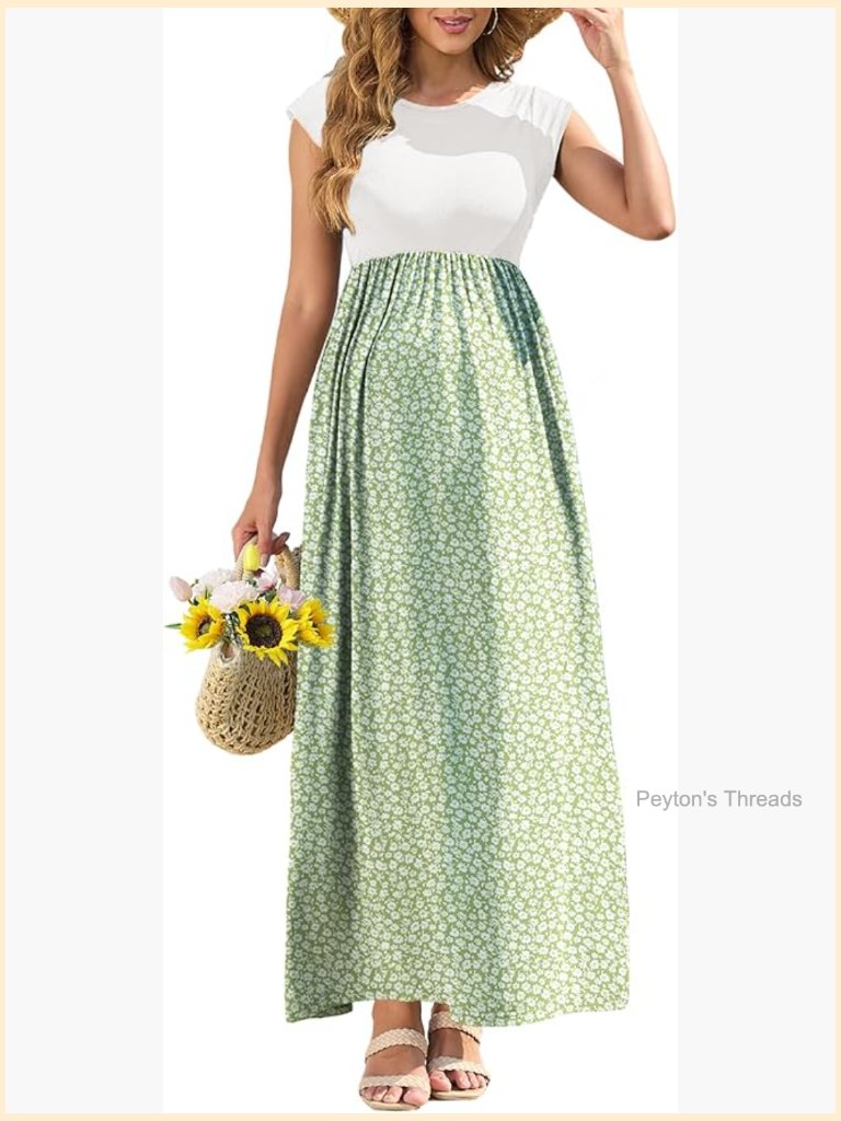 Maternity Printed Maxi Dress With Pockets Cap Sleeve